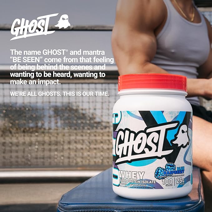GHOST Clear Whey Isolate Protein Powder, Blue Raspberry - 1.4 LB Tub, 25G of Whey Protein - Post Workout Drink for Muscle Gain & Recovery – Sugar Free, Soy Free & Zero Fat, 20 Servings