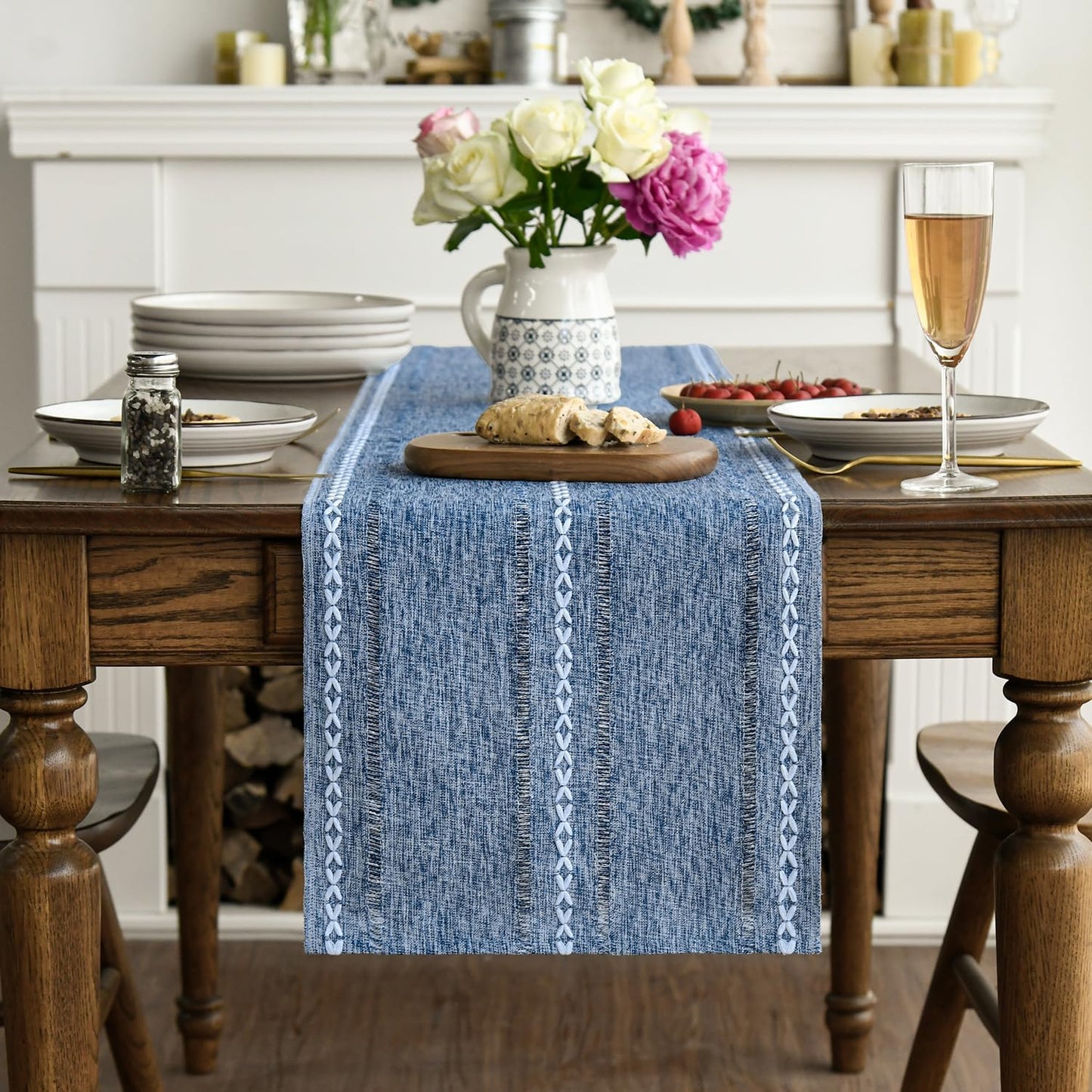 Artoid Mode Blue Rustic Cotton Linen Table Runner, Seasonal Embroidered Hollow Kitchen Dining Table Decoration for Home Party Decor 13x60 Inch