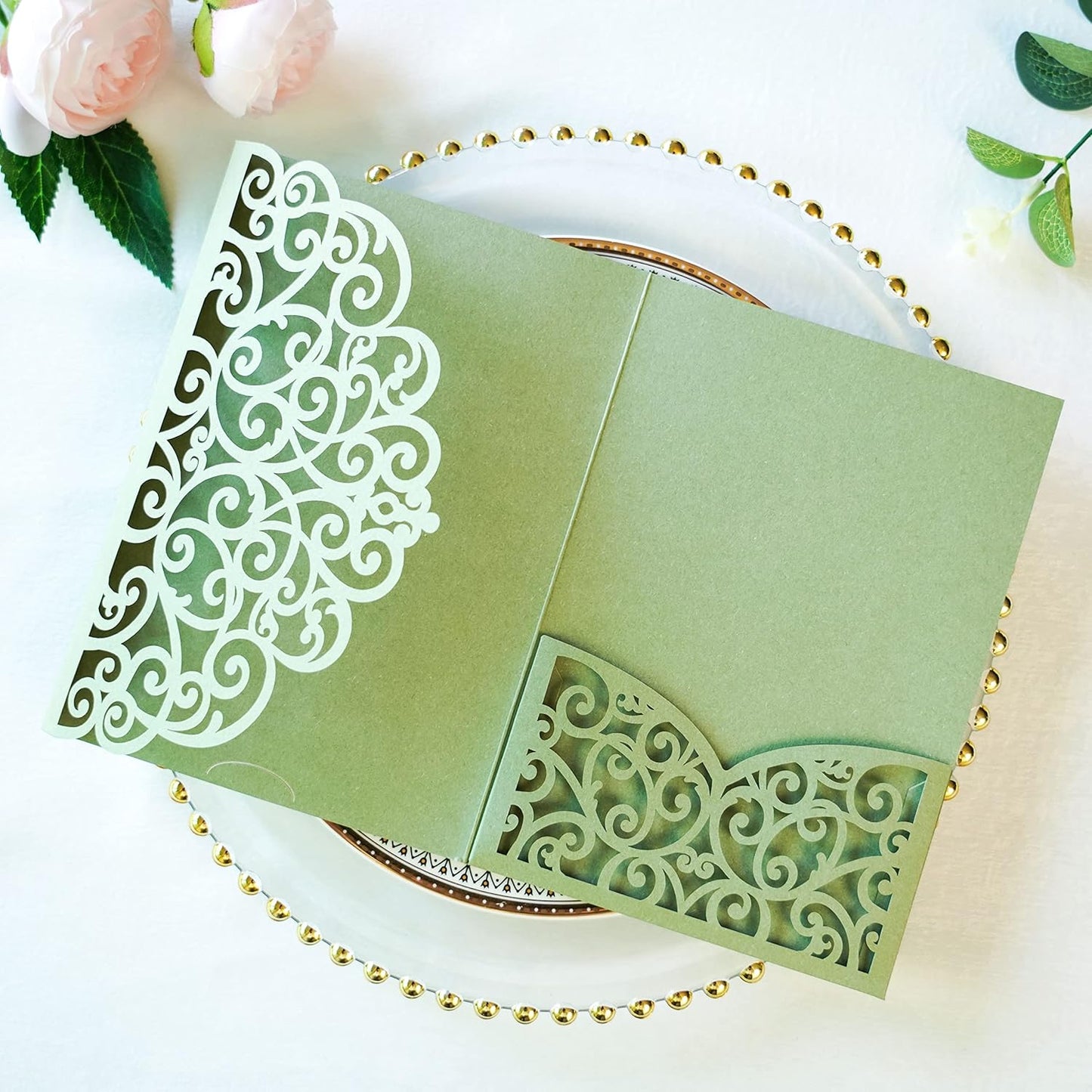 ponatia 5.12 x 7.2 Sage Green Laser Cut Wedding Invitations, 20PCS Tri-Fold 5x7 Trifold Laser Cut Invitation Pockets with Envelopes for Wedding Bridal Shower Engagement (No Inner Sheet)