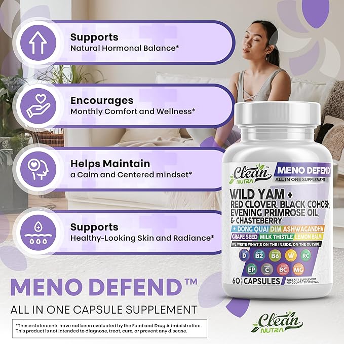 Clean Nutra Wild Yam Root Capsules with Red Clover Black Cohosh Evening Primrose Oil Chasteberry Dong Quai DIM Ashwagandha Grape Seed Extract Milk Thistle Lemon Balm and more Hormone Balance For Women