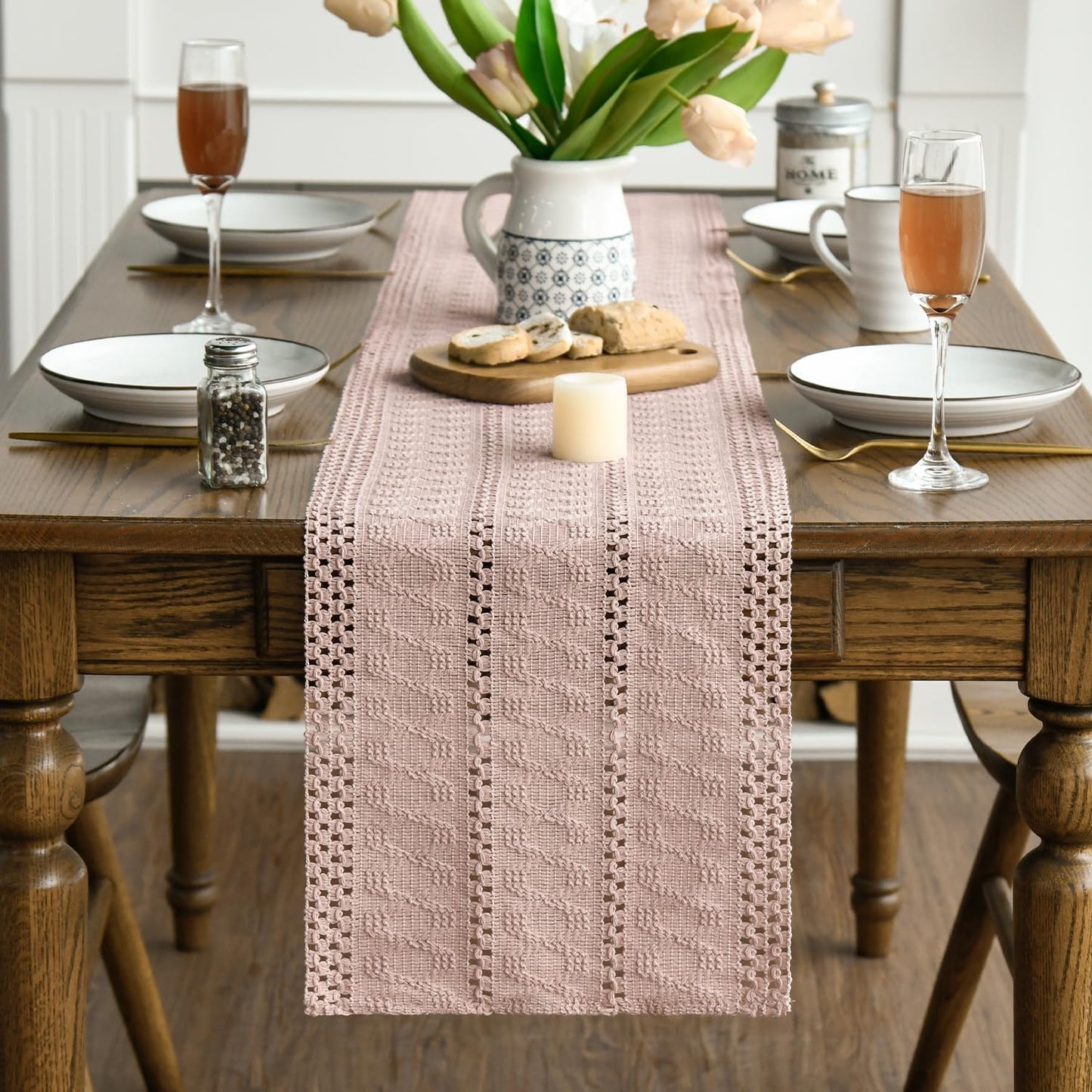 Artoid Mode Pink Farmhouse Woven Rustic Hollow Table Runner, Seasonal Holiday Hollow Kitchen Dining Table Decoration for Home Party Decor 12x90 Inch