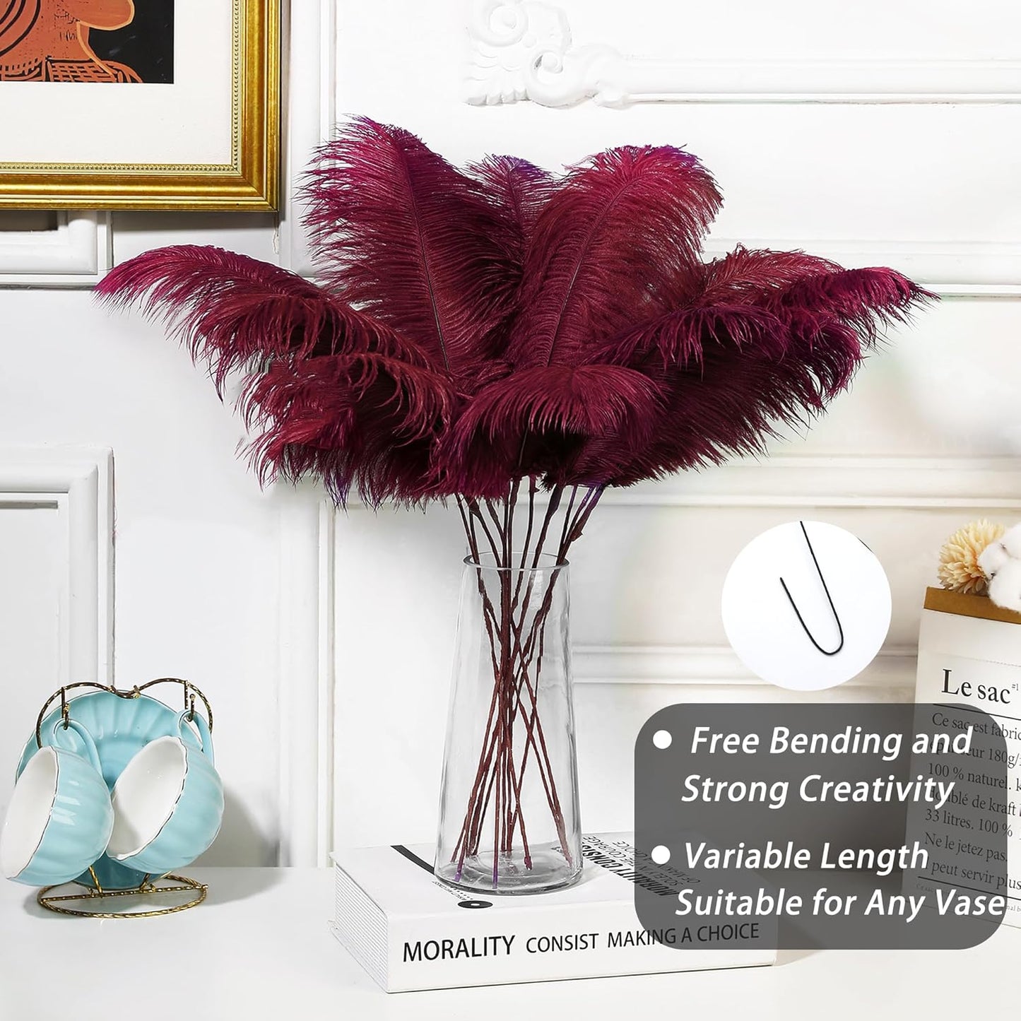 Holmgren Burgundy Ostrich Feathers Bulk - 20pcs Making Kit 22 Inch Wine Red Ostrich Feathers for Vase, Floral Arrangement, Wedding Party Centerpieces and Christmas Home Decorations