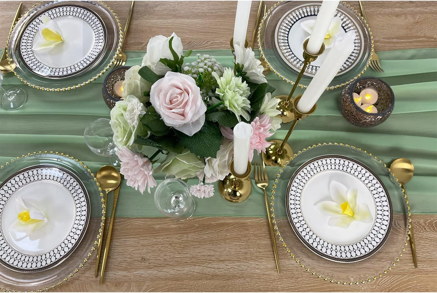 EHLDekol 13ft Sage Green Chiffon Table Runner, 29x156 Inches Romantic and Rustic Boho Wedding Runner, Sheer Bridal Party Decorations