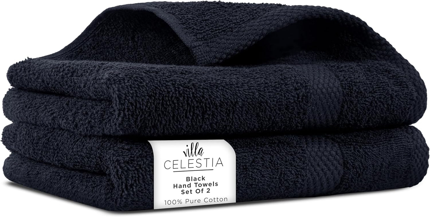 100% Cotton Hand Towel Set of 2, (16 x 28 inches) Sustainable, Soft, Highly Absorbent, Quick Drying, Combed Cotton Hand Towels Pack of 2 Ideal for Hotels, Spa, Bathroom, Dorm, Black