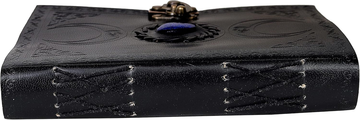 cuero 3 Moon Blue Lapiz Embossed Vintage Leather Journal for Men & Women - 140 Pages, Antique Handmade Deckle Edge Vintage Paper, Leather Journal Writing Notebook Dairy Gift (7 inch by 10 inch, Black)