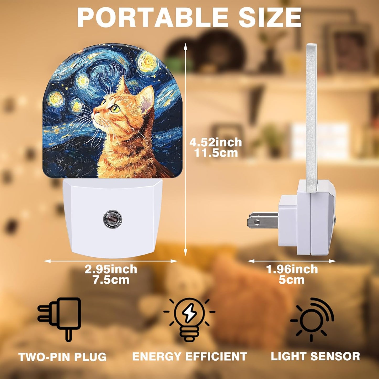 Starry Night Night Light, Orange Cat Night Lights Plug into Wall Dusk to Dawn Sensor Round Nightlight for Women Men Energy Efficient Led Lamp 0.5W for Stairway Hallway Bedroom