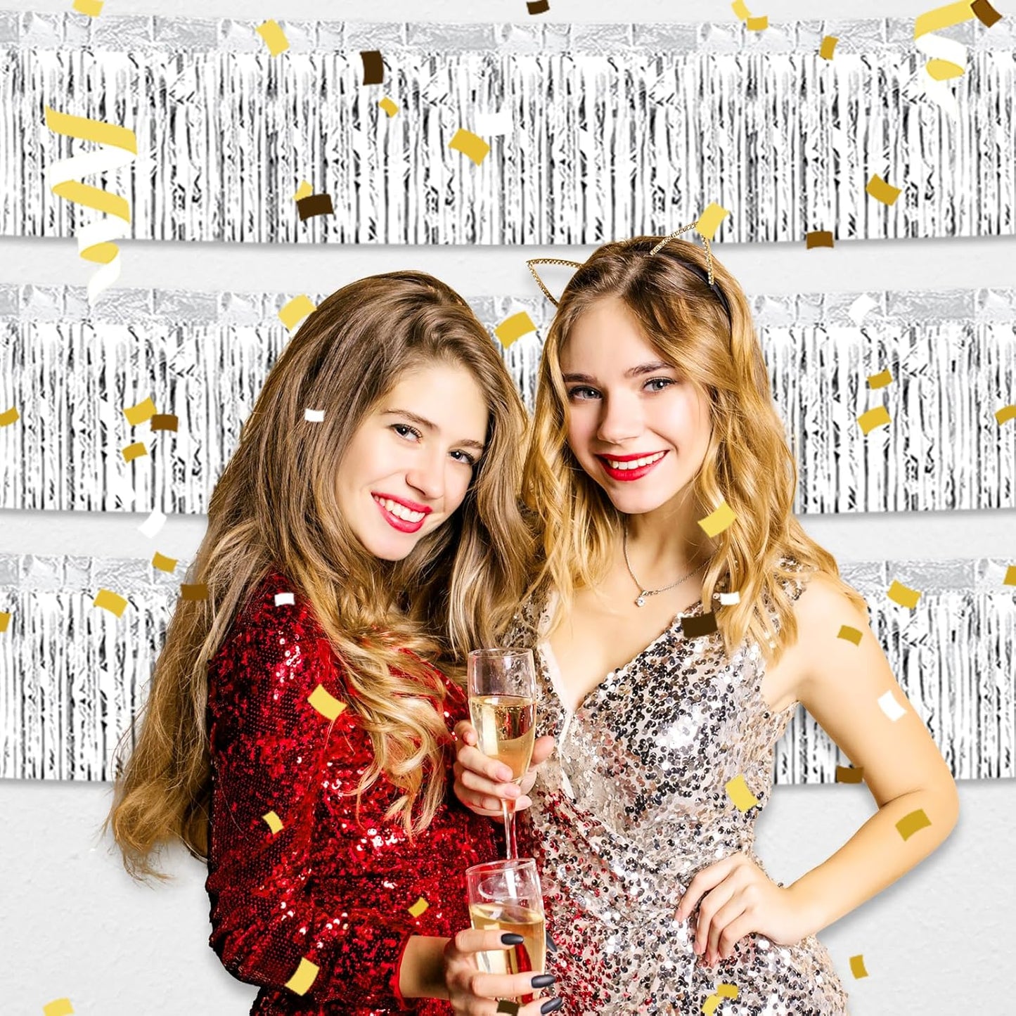 4 Pack 10 Feet Silver Foil Fringe Garland Metallic Tinsel Streamers Banner Wall Hanging Curtain Backdrop for Parade Floats, Wedding, Graduate, Mother's Day, Birthday Party Decoration