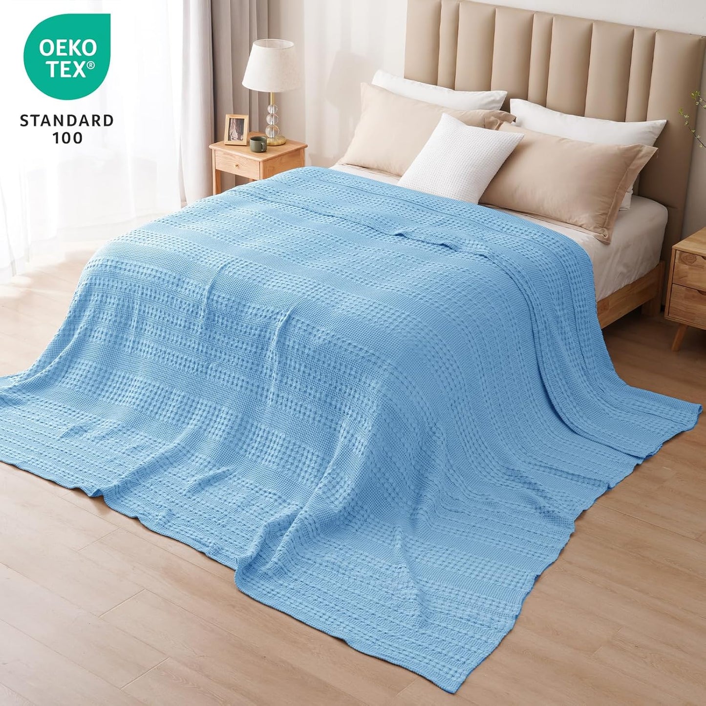 PHF 100% Cotton Waffle Blanket Oversized King 120"x120", Lightweight Breathable Extra Large 10'x10' Blankets for Bed, Giant Big Luxury Aesthetic Woven Bedding for Home Decor, Sky Blue