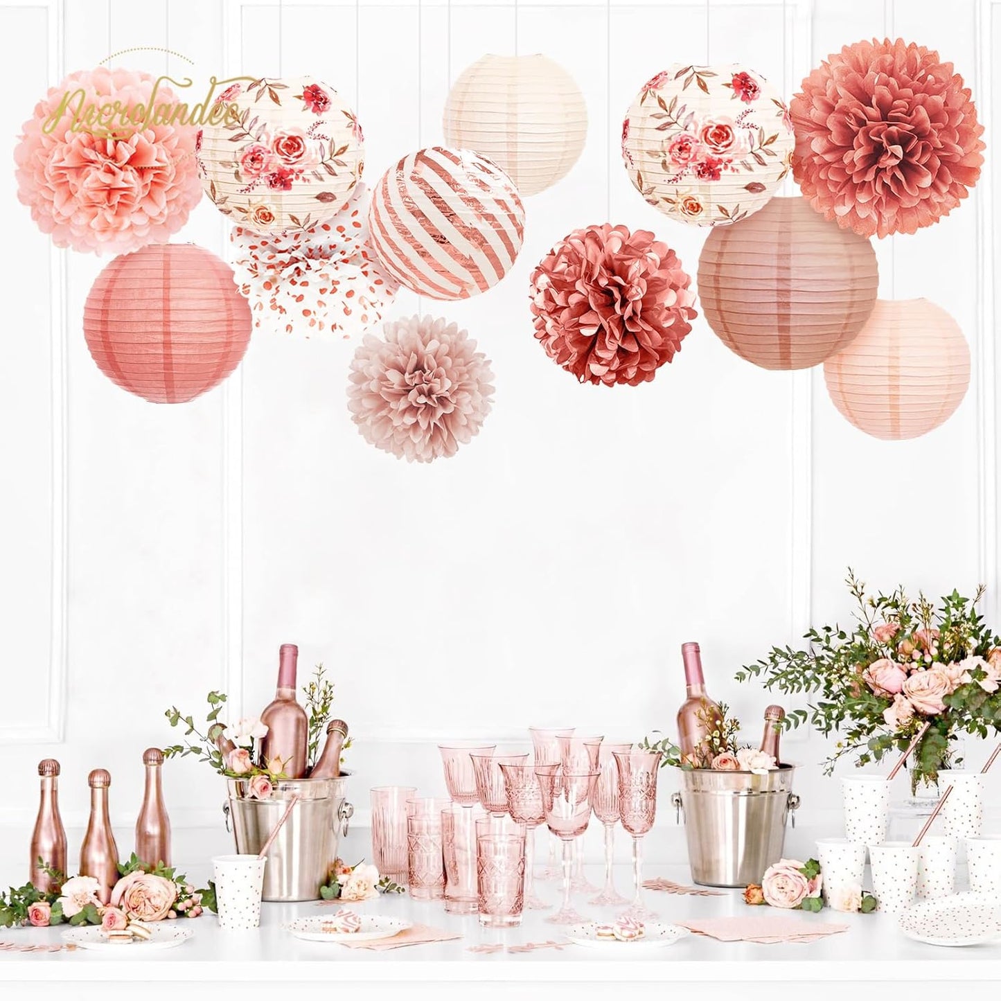 NICROLANDEE Wedding Party Decorations, 12 PCS Rose Pink Floral Paper Lanterns Tissue Pom Poms Backdrop Decoration for Pink Boho Wedding Bridal Shower Birthday Tea Party Decor