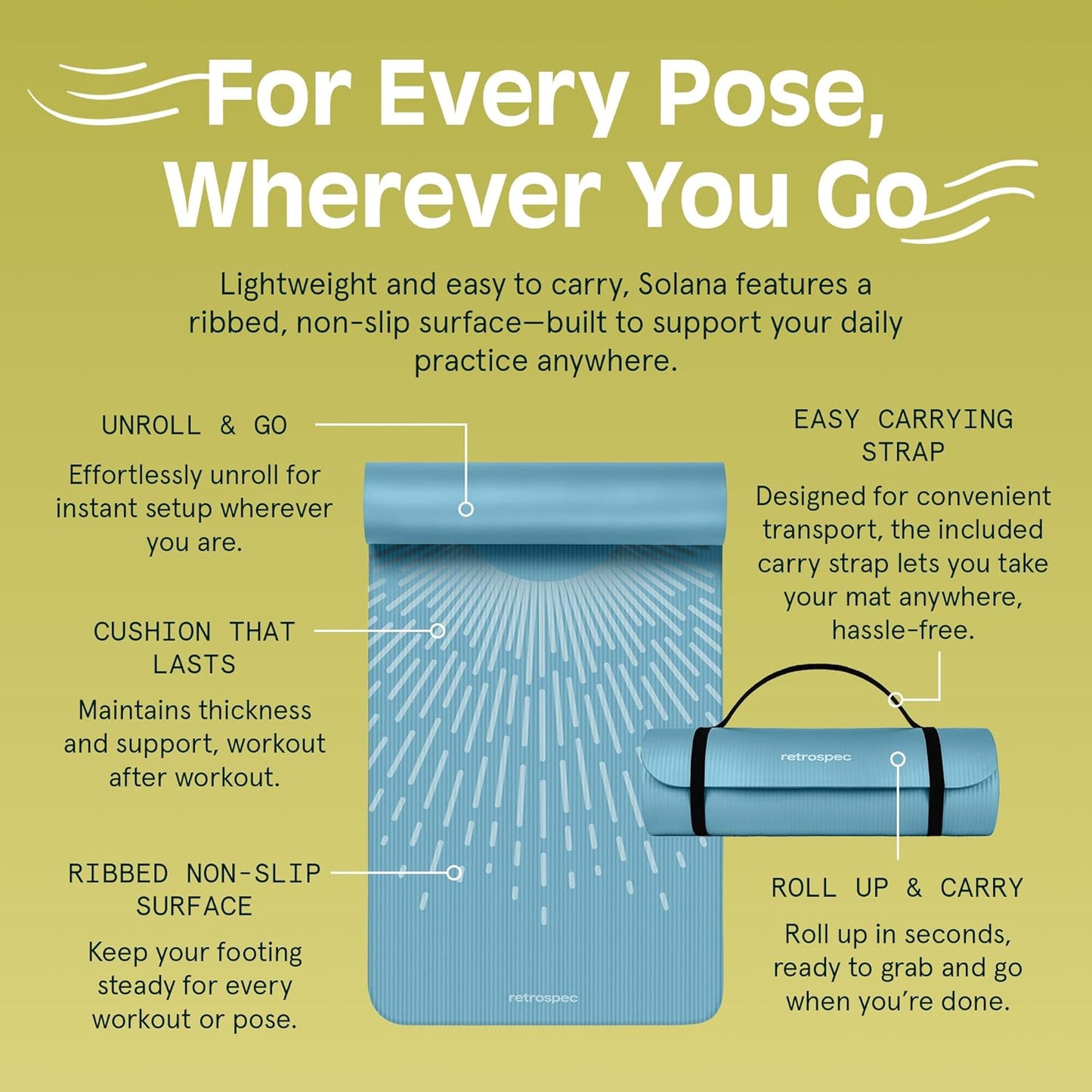 Retrospec Solana Yoga Mat 1" Thick With Nylon Strap For Men & Women - Non Slip Exercise Mat For Home Yoga, Pilates, Stretching, Floor & Fitness Workouts