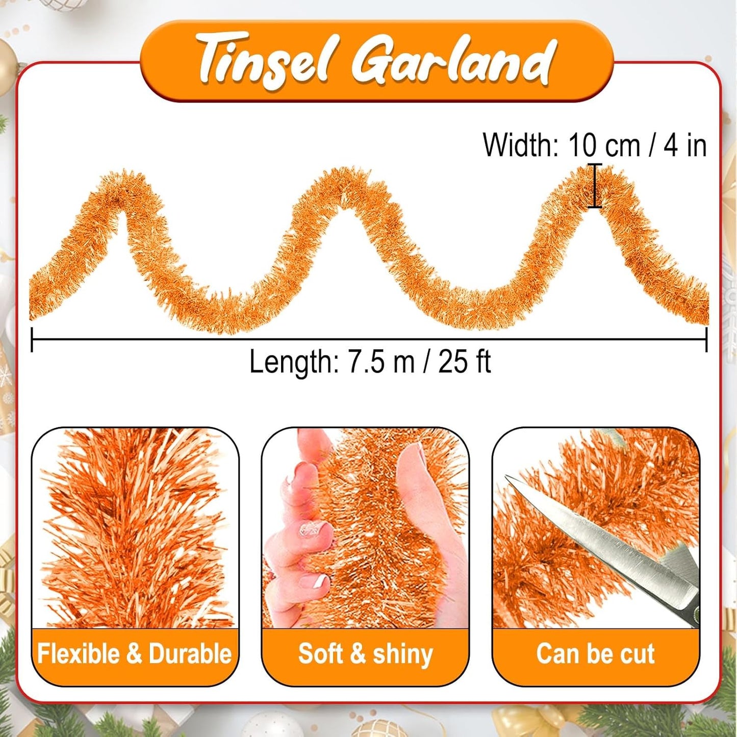 25 Feet Macaron Orange Christmas Tinsel Garland, Metallic Foil Twist Banner Wall Hanging Tinsel Streamers Backdrop for Parade Floats, Christmas, Mother's Day, Birthday Party Decorations(4in x 25ft)