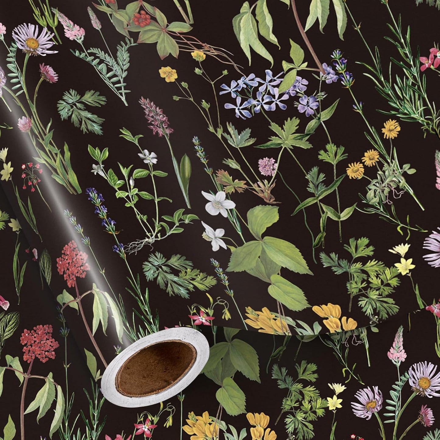 RUSPEPA Wild Flower Wrapping Paper Roll for Women Girls, Mini Roll, Elegant Black Floral Design Gift Wrap Paper Perfect for Birthday, Bridal Shower, Spring, Wedding, Mother's Day, 17 Inch x 16.4 Feet