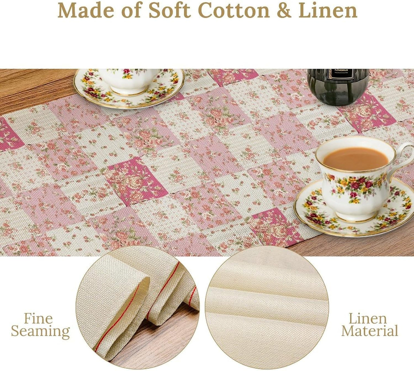 Patchwork Table Runner, Boho Vintage Pink Wildflowers Bohemian Paisley Flower Farmhouse Table Center Decor for Home Kitchen Dining Patio Holiday Party Indoor Outdoor Table Decorations, 13"x108" Inch