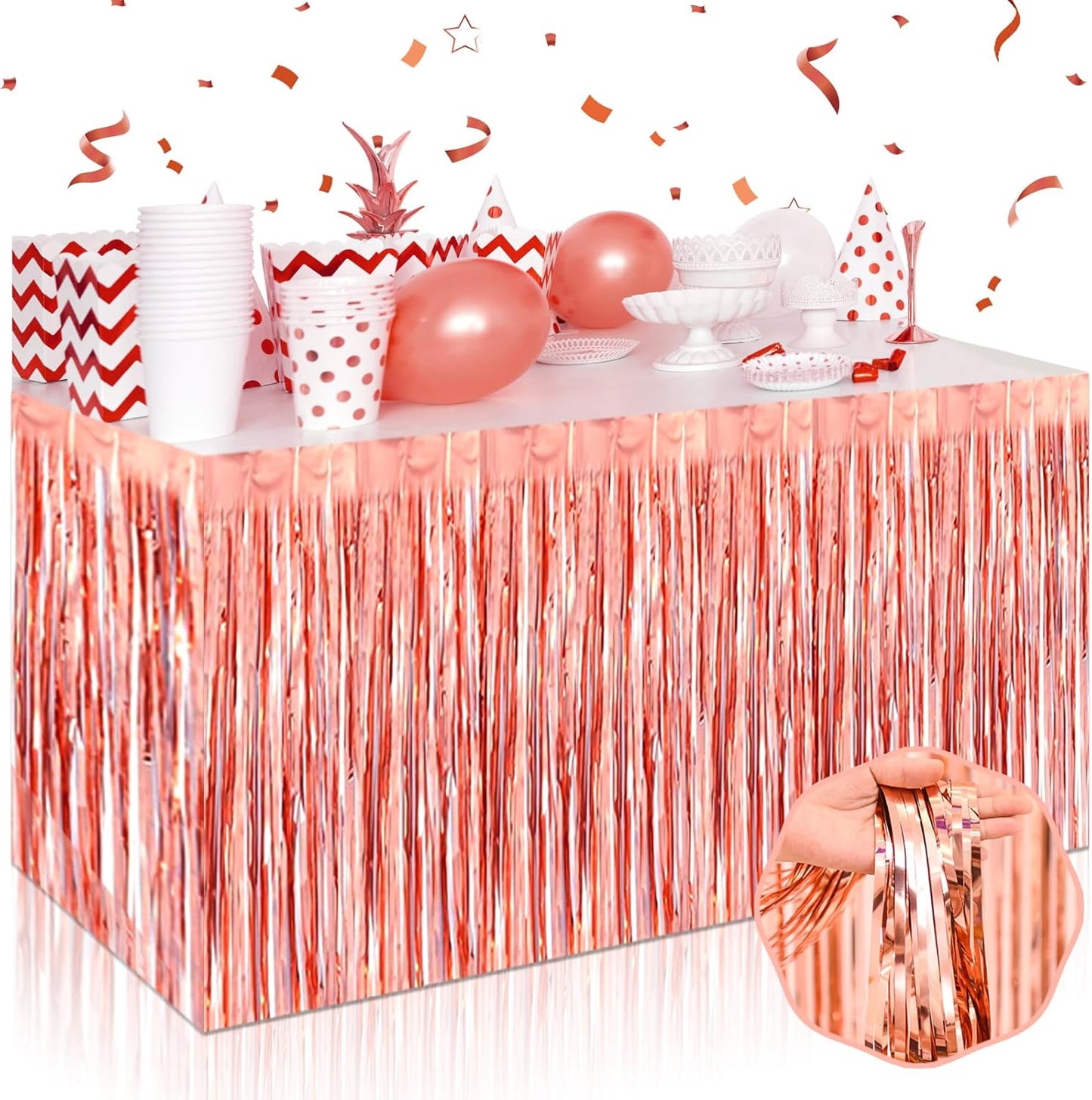 3 Pack 29 x108 Inch Rose Gold Foil Fringe Table Skirts Metallic Banner for Tinsel Streamer Garland Backdrop for Parade Floats Wedding Thanksgiving Birthday Christmas New Year Party Decoration