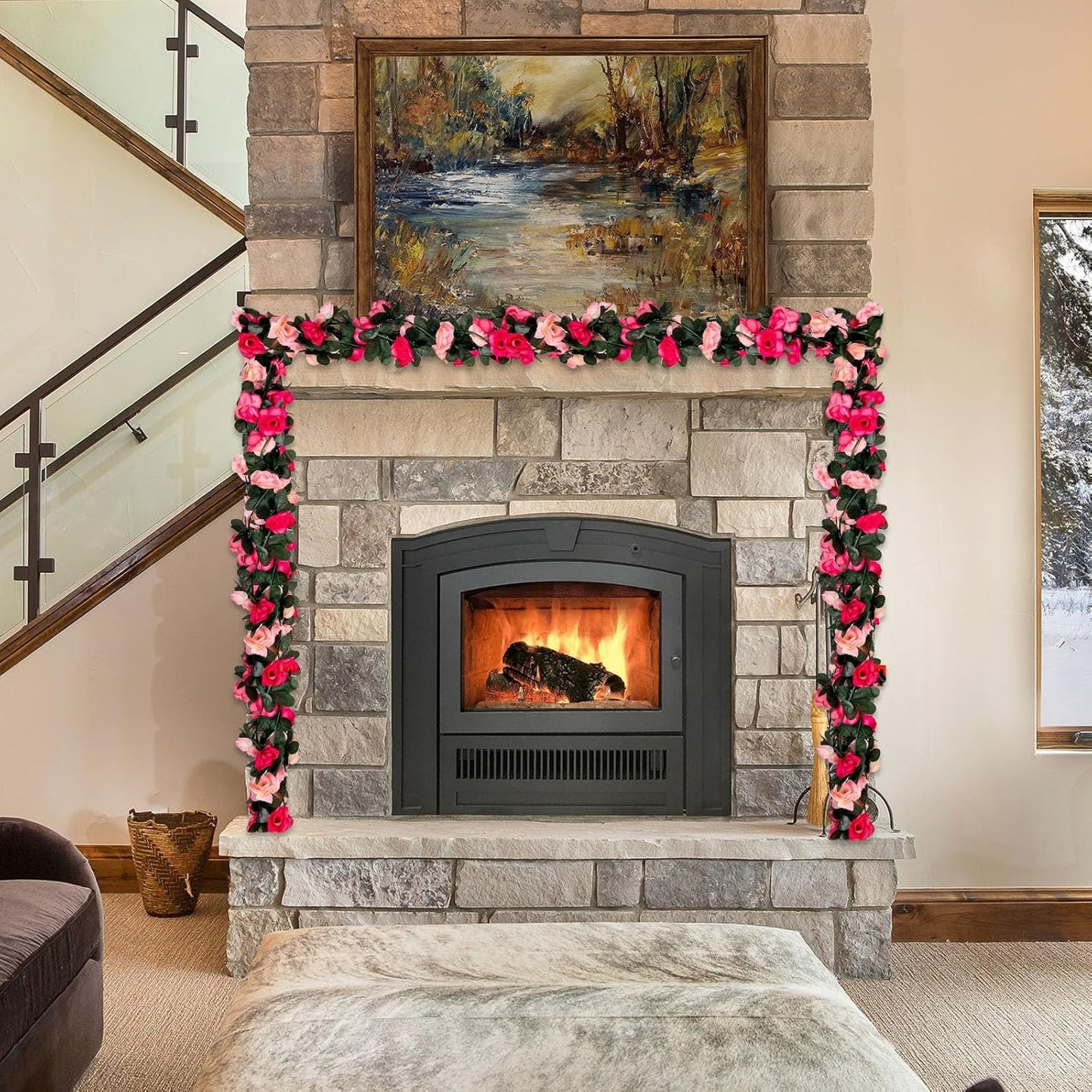 16Pcs 126Ft Pink Rose Garland, Fake Rose Hanging Flowers, Artificial Flower Vine, Hanging Floral Vine Garland for Wedding, Birthday Party, Wall Arch, Halloween, Christmas Garden Backdrop Decor