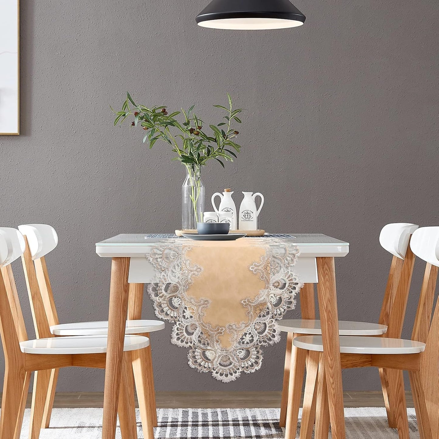 Vintage Lace Dining Table Runner, Small Macrame Coffee Table Runners 48 inches Long for Kitchen Home Christmas Party Decorations (16x48 inch, Beige)