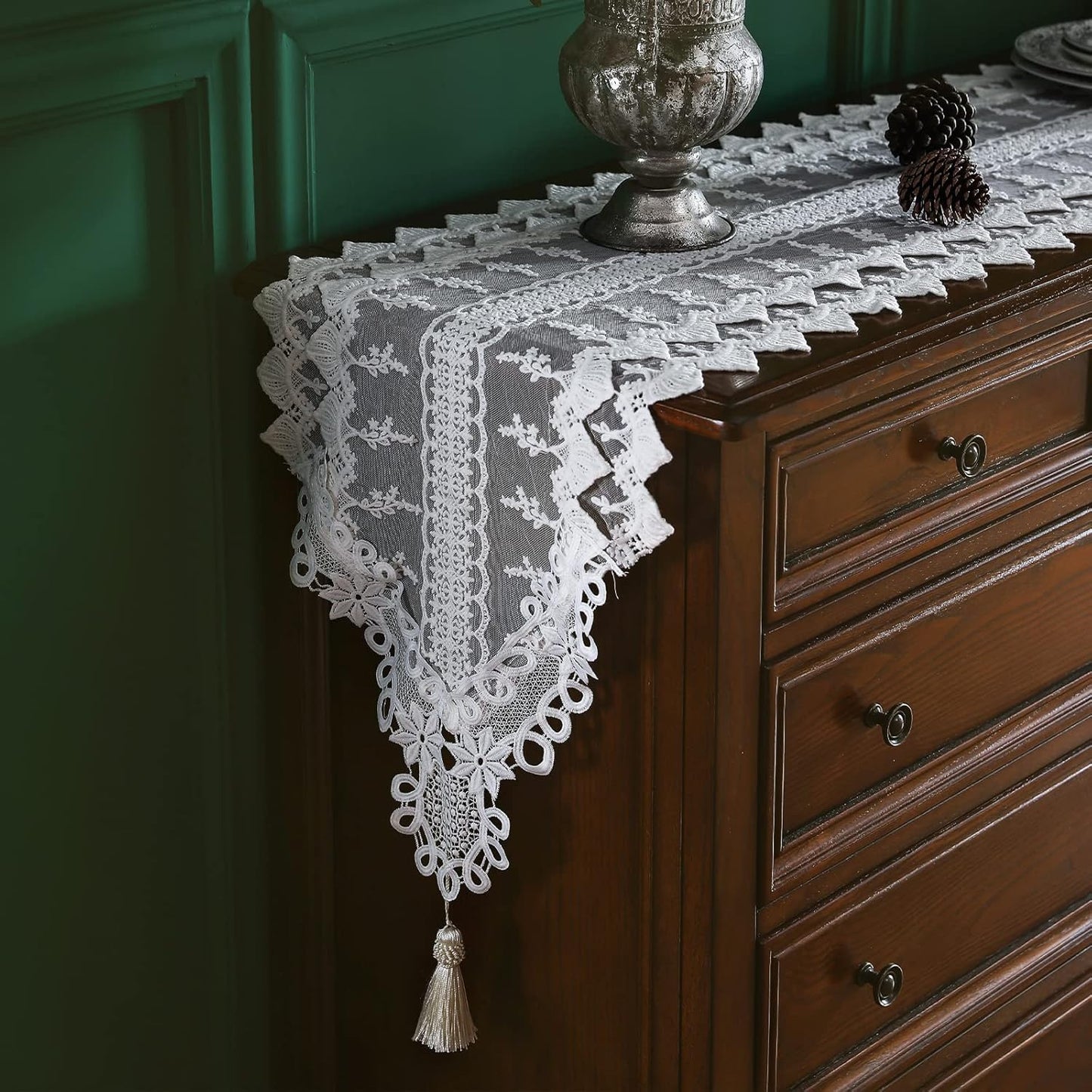 patdrea Designer Vintage White Lace Table Runner,Crochet Decorative Table Covers,Chiffon Embroidered Tasseled Table Runners, Cutwork Dresser Runners,Christmas Wedding Party Bridal 16x71 Inches Long