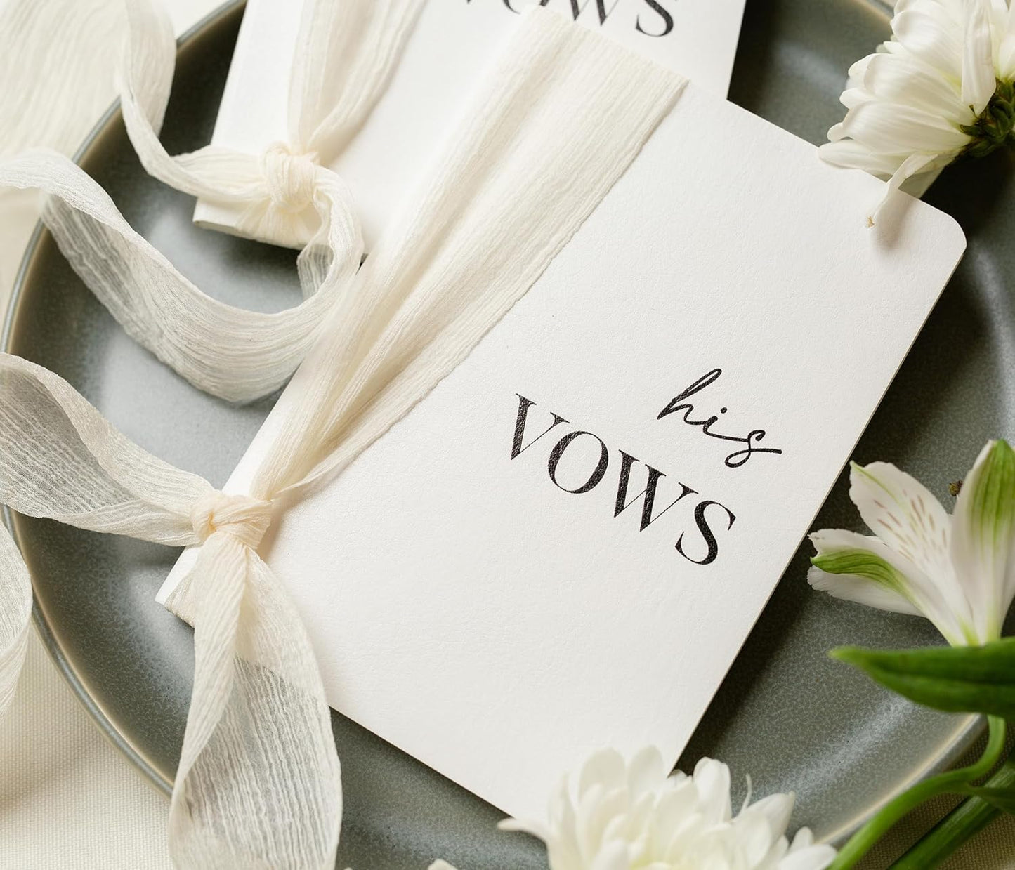 White Vow Books with Ribbons (Set of 2) - 5.625 x 4 Minimalist Pocket Sized Wedding Ceremony Vow Renewal Speech, Gift for Bride to Be & Newly Engaged Couple, 48 Lined Pages