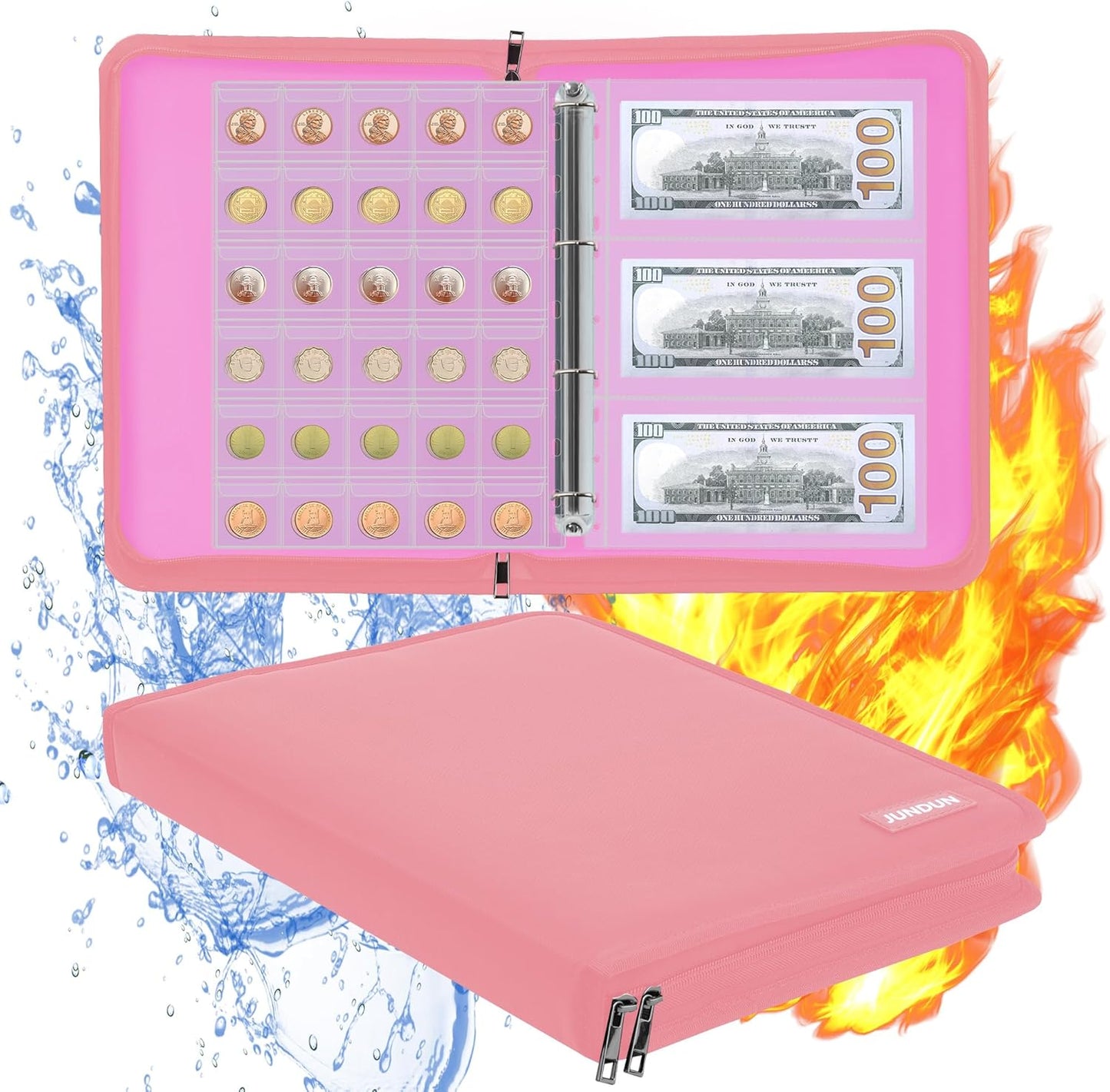 Coin Collection Book Holder for Collectors, 300 Pockets Fireproof Coins Collecting Album & 36 Sleeves Money Storage Case for Coin Currency Collection Supplies, Bill, Pennies, Quarters, Stamp,Pink