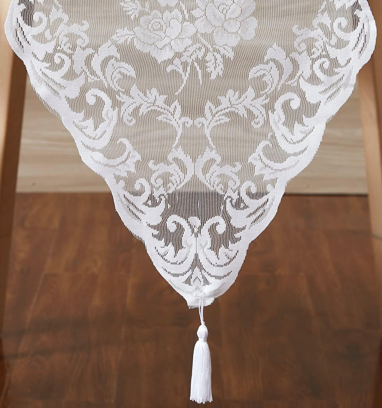 LinenZone White Table Runner with 2 Tassels for Rustic Vintage Decor. Lace Table Runner Works Great As Wedding, Thanksgiving or Christmas Decor (Mia 14 x 36, White)