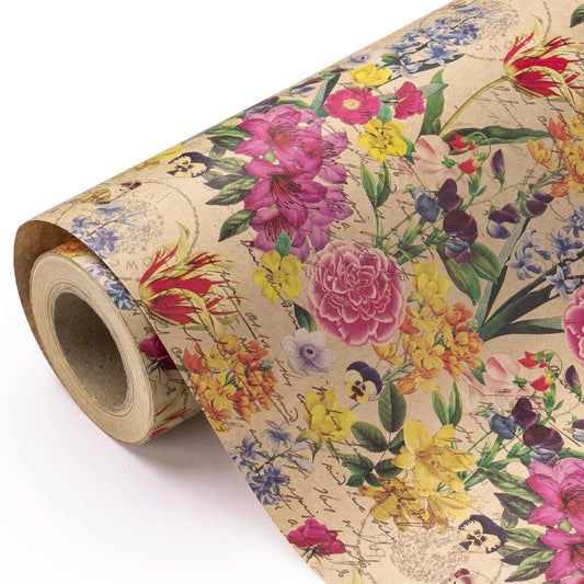 WRAPAHOLIC Kraft Floral Wrapping Paper Roll - Mini Roll - 17 Inch x 9.8 Feet - All Occasion Vintage Flower Wrapping Paper for Wedding Bridal Shower Birthday