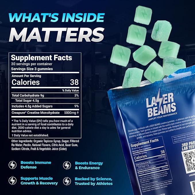 Creatine Monohydrate Gummies for Women & Men- 5g Creapure Creatine per Serving - Vegan, Blue Raspberry Flavor - Boost Muscle Strength, Endurance, Recovery & Mental Focus (90 Gummies)