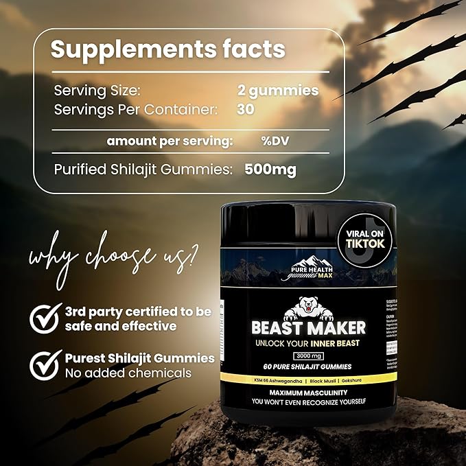 Beast Maker - Pure Shilajit Gummies for Men | Natural Himilayan Organic Shilajit Authentic Male Enhancement Supplement with Ashwagandha, Black Musli, Gokshura | 60 Gummies