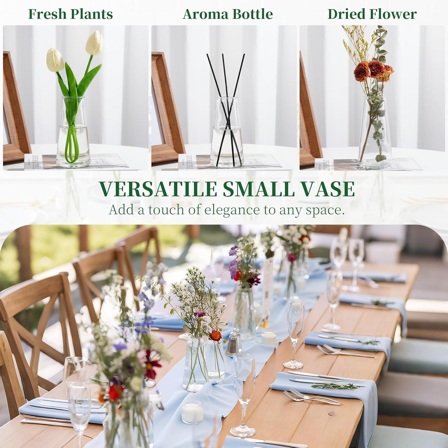 Glass Bud Vases for Centerpieces, Small Flower Vase in Bulk Set of 10, Modern Clear Mini VaseS for Rose Tulip, Wedding Party Dining Table Decor