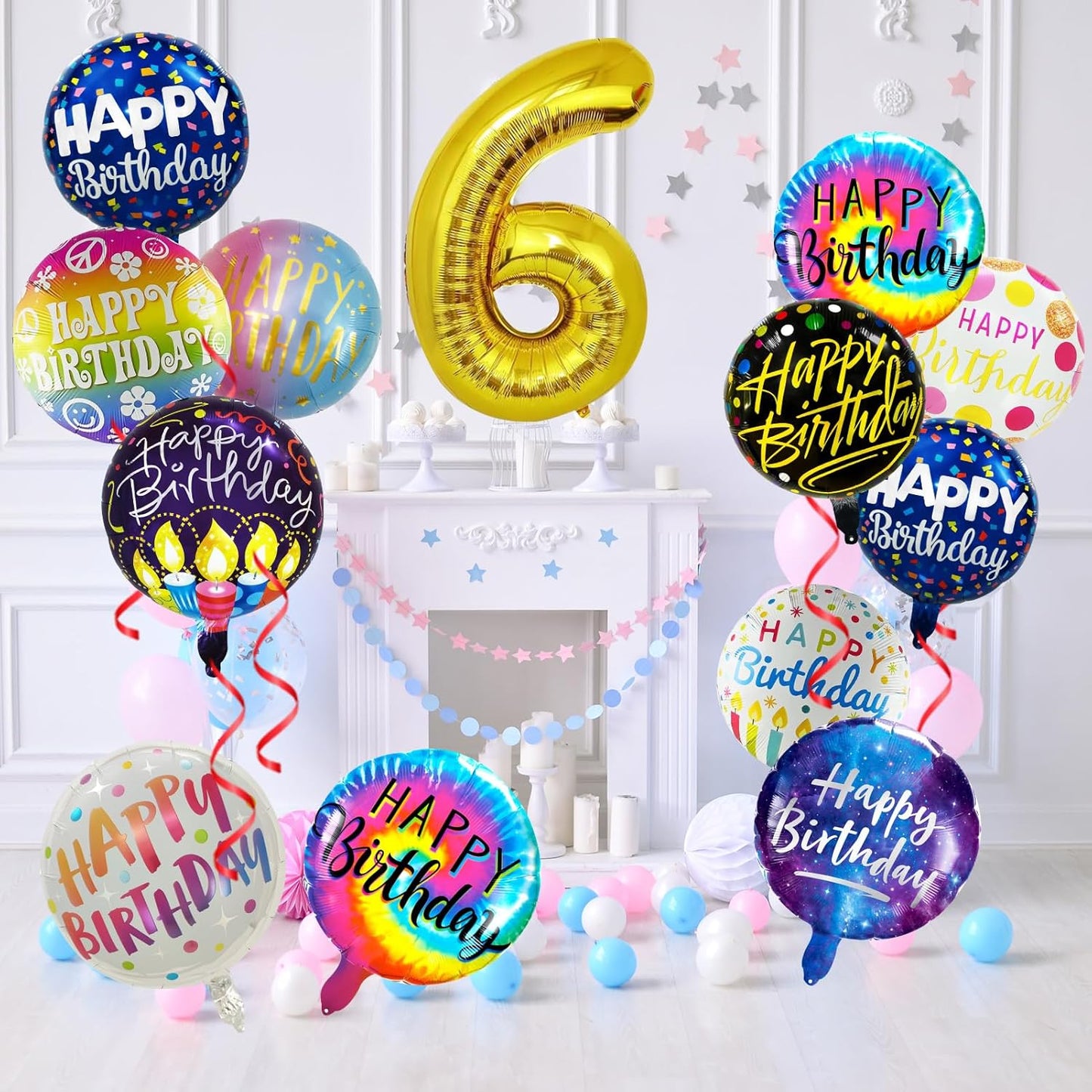 50 Pcs Happy Birthday Party Aluminum Foil Balloons and 6th Balloons, 18 Inch Round Aluminum Foil Balloon with" Happy Birthday" Sign, Birthday Decorations for Boys/Girls (Yellow, 6)