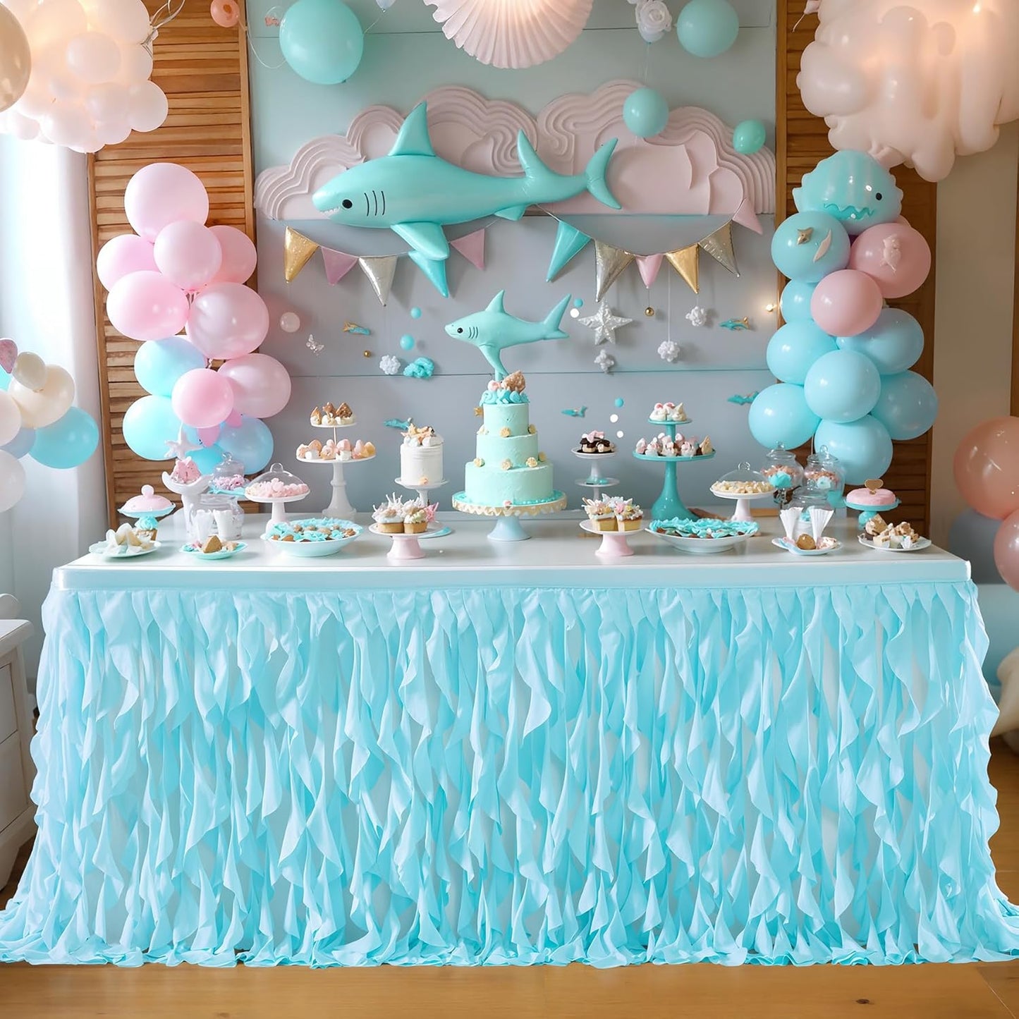 Partisky Aqua Blue Tulle Curly Willow Table Skirt for Rectangle Table 14ft, Ruffle Tutu Table Cloth for Boys Baby Shower,Birthday Party Candy Cake Tables