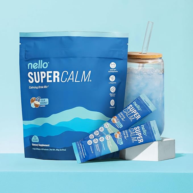 Supercalm Powdered Drink Mix, Blue Coconut, L Theanine, Ksm-66 Ashwagandha, Magnesium Glycinate, Vitamin D 3, Supplements for Relaxation & Focus, No Sugar, Non GMO, On The Go, 20 Srvgs