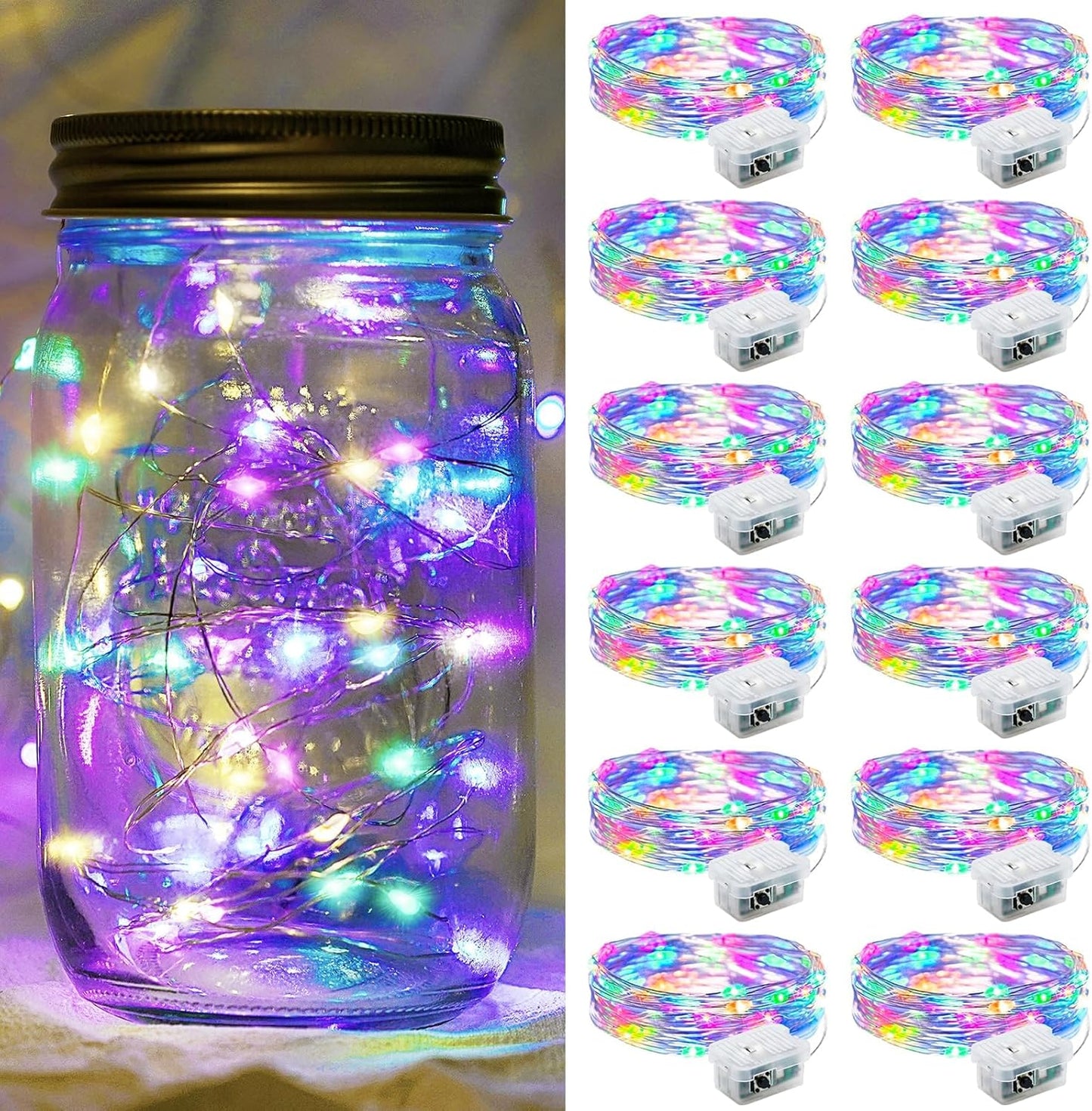 12 Pack Fairy Lights 7Ft 20 LED Twinkle String Lights 3 Modes Battery Operated Waterproof Firefly Starry for Mason Jar Party Wedding Christmas Valentines Day Table Centerpieces,Multicolor