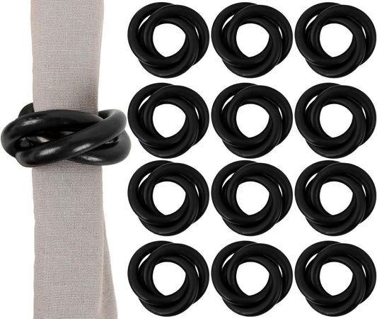 Three Ring Wooden Napkin Rings Set of 12 - Acacia Wood Interlocked Napkin Holder Cuffs for Dinner Table Décor - Rustic Modern Serviette Rings for Weddings, Parties, Receptions (Black) - CLEENTABLE