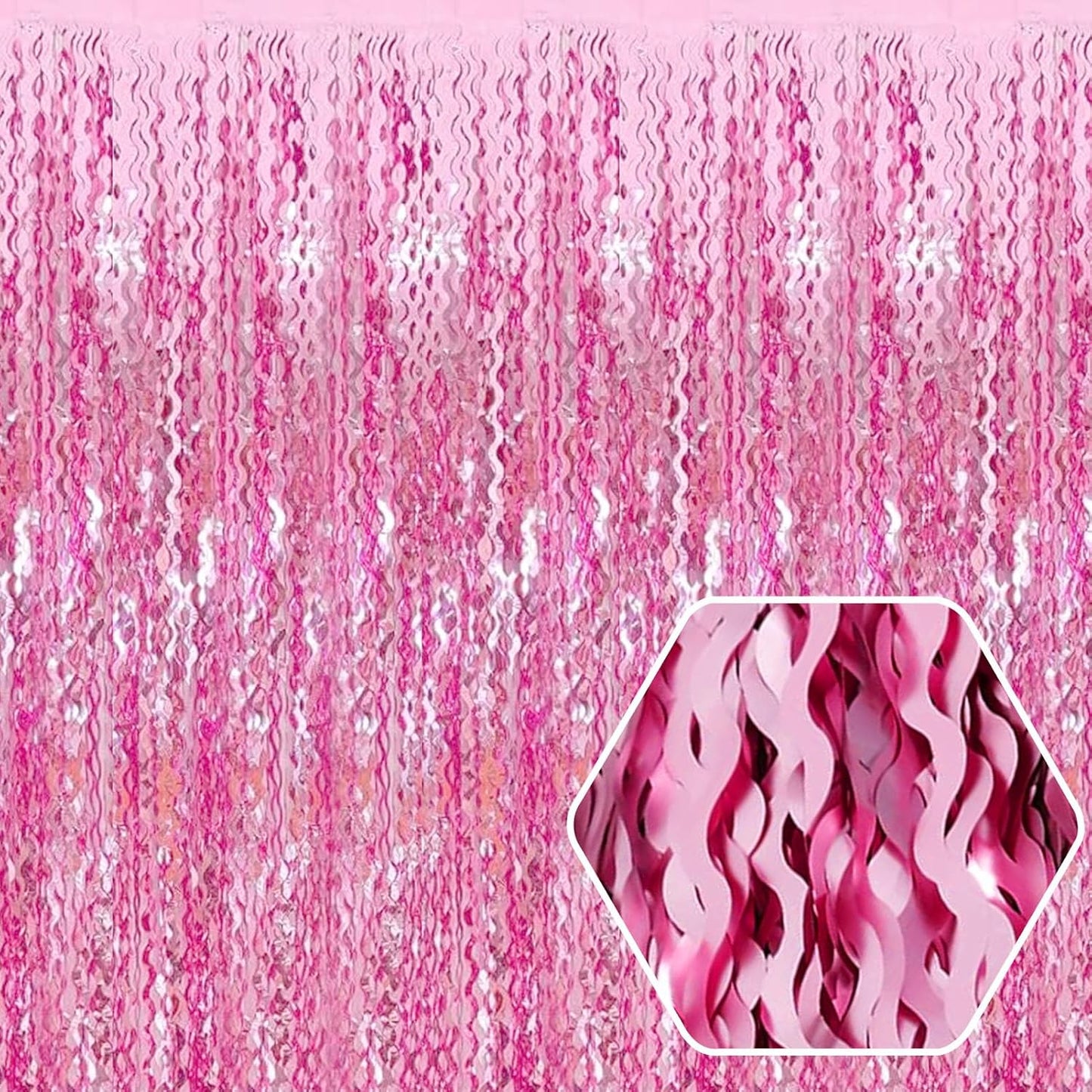 4 Pack Pink Wave Foil Fringe Curtain Backdrop, 3.28Ft x 8.2Ft Metallic Tinsel Foil Fringe Streamer Curtains for Photo Booth, Mother's Day, Easter, Birthday, Wedding Party Decoration