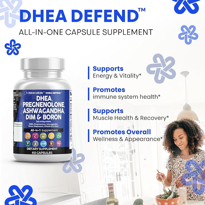 DHEA 200mg Supplement Pregnenolone 100mg for Men & Women with DIM Ashwagandha Boron 6mg Complex Calcium Magnesium Zinc 50mg Vitamin D3 5000 iu Hormone Support Capsules Pills - Made in USA 60 Ct