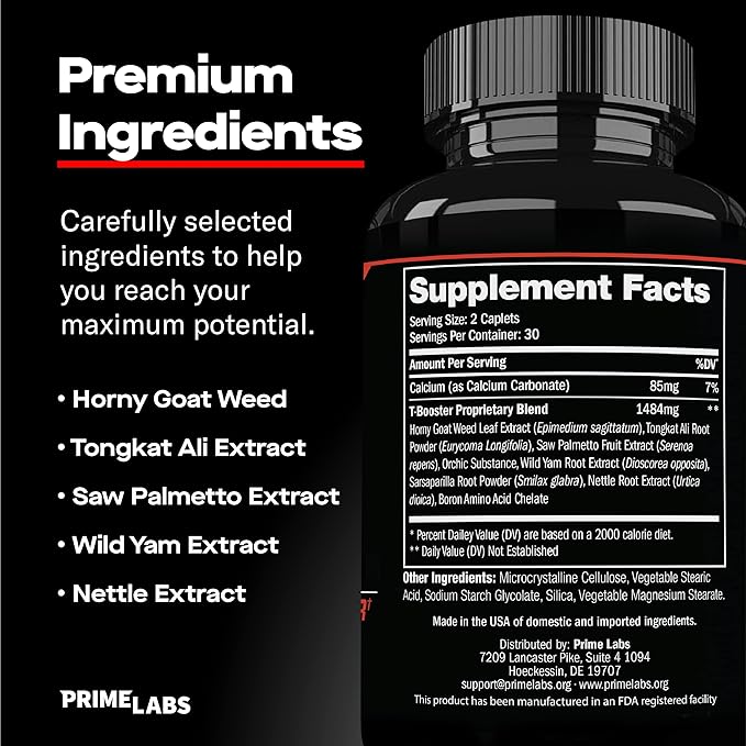 Prime Labs Testosterone Supplement for Men (2-Pack) - Stamina, Endurance, Energy, & Strength - Men's Testosterone Booster & Workout Supplement - 120 Caplets