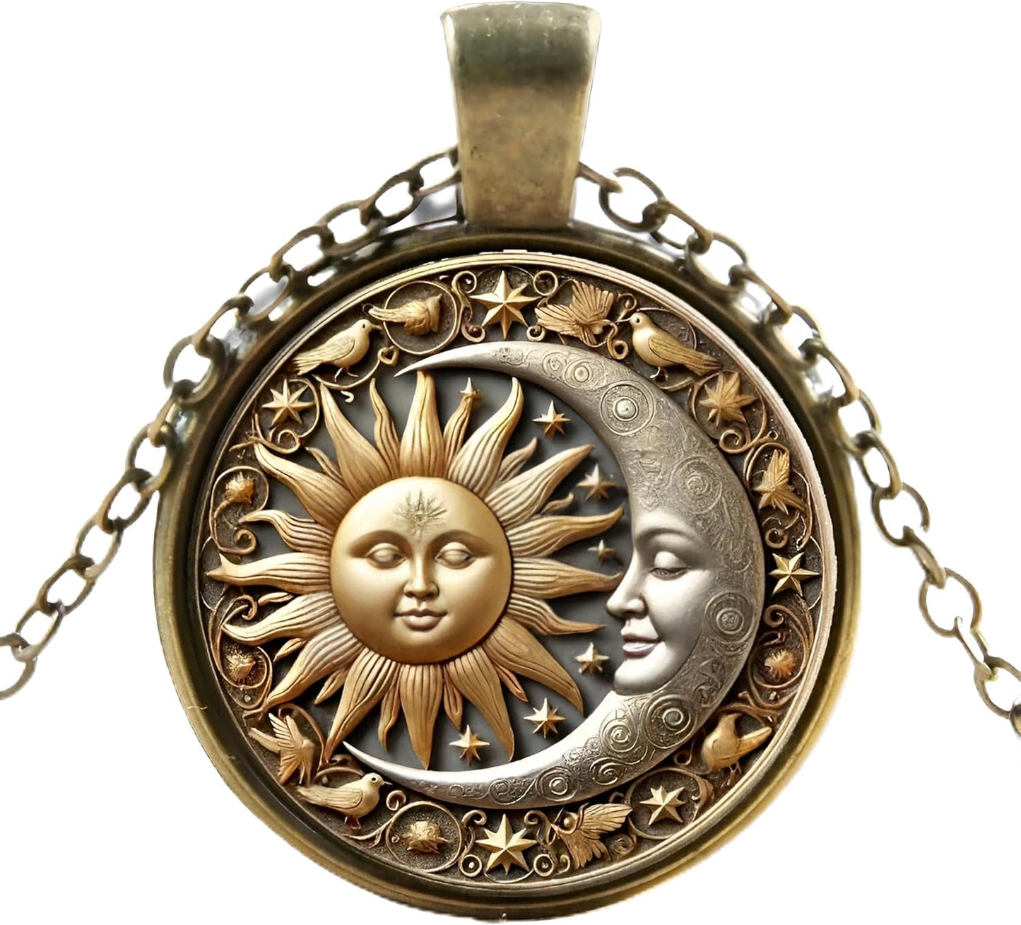 1pc Stunning Round Pendant Necklace - Unique Sun & Moon Pattern, Oil Painting Style Glass Mosaic, Alloy Construction, Trendy Sweater Chain, Fashionable Gift for Women - Christmas or Birthday Gift