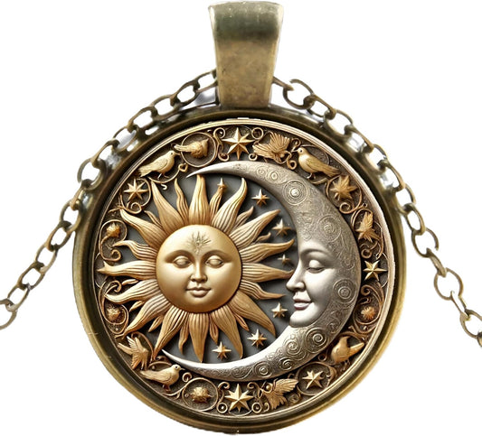 1pc Stunning Round Pendant Necklace - Unique Sun & Moon Pattern, Oil Painting Style Glass Mosaic, Alloy Construction, Trendy Sweater Chain, Fashionable Gift for Women - Christmas or Birthday Gift