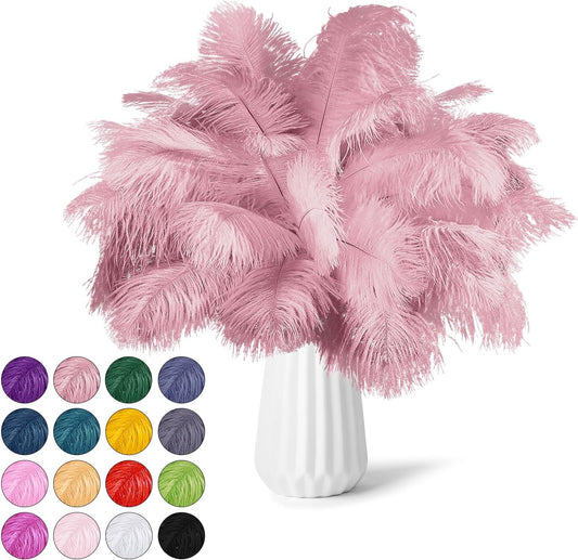 NEWONG 30pcs Peony Pink Ostrich Feathers Natural Bulk 8-10inch(20-25cm) Vase Craft Wedding Home Party Centerpieces Christmas Day Decoration