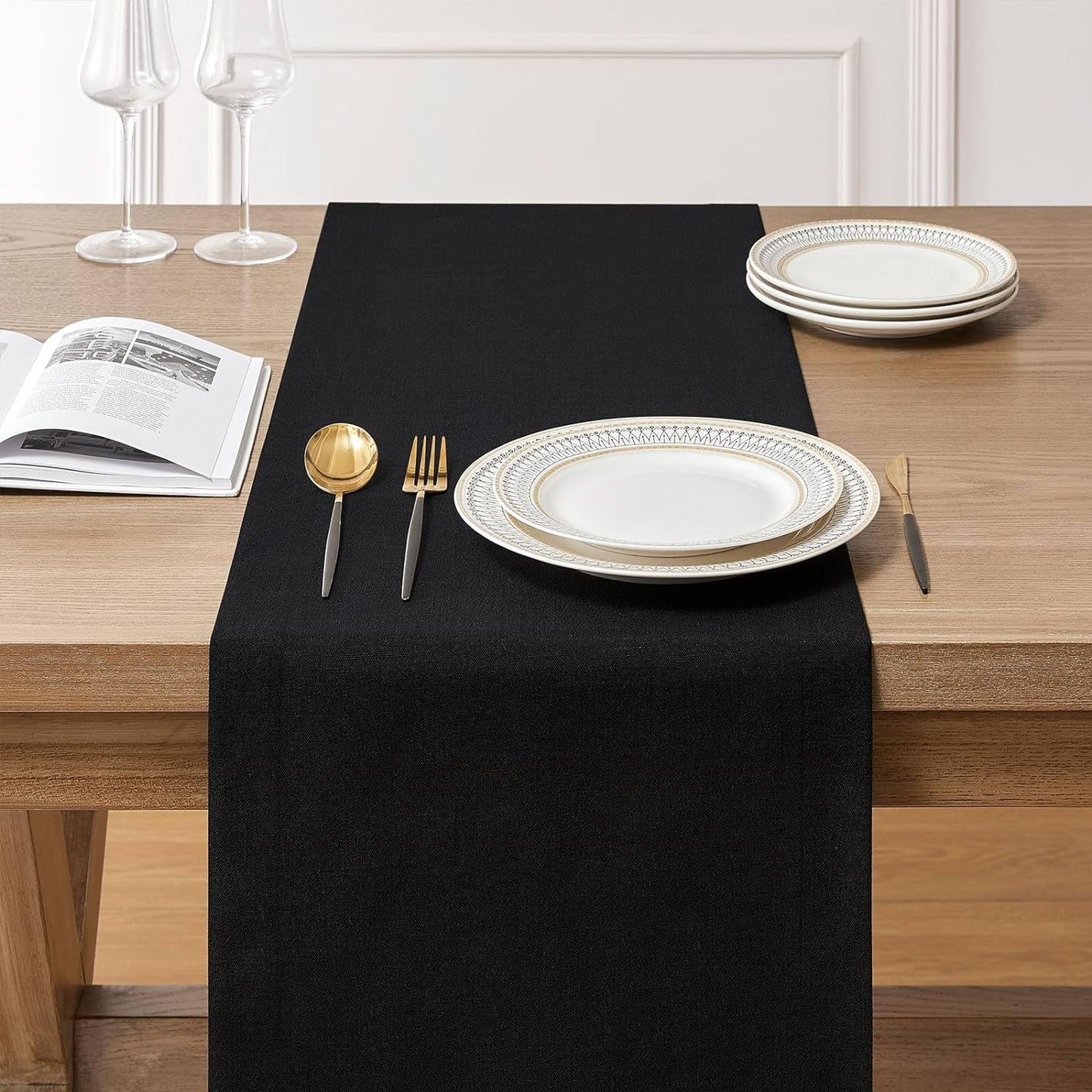 ZeeMart Linen Textured Border Table Runner, 14 x 36 Inch Black, Farmhouse Style Black Table Runners 36 Inches Long, Easy Care Everyday Polyester Table Runner