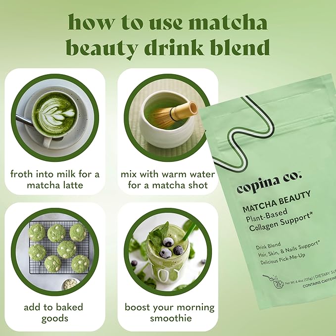 Matcha Beauty Vegan Collagen Booster Drink Blend: Plant Based Collagen Support Smoothie Drink Vegan Creamy Blend | Matcha Flavor | 1 Bag - 25 Servings per Bag