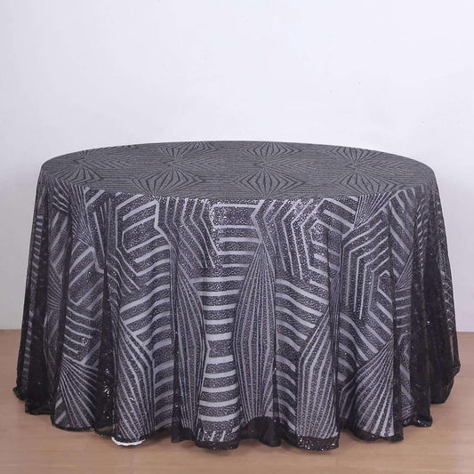 Efavormart 120" Black Sparkly Sequin Geometric Tulle Round Tablecloth
