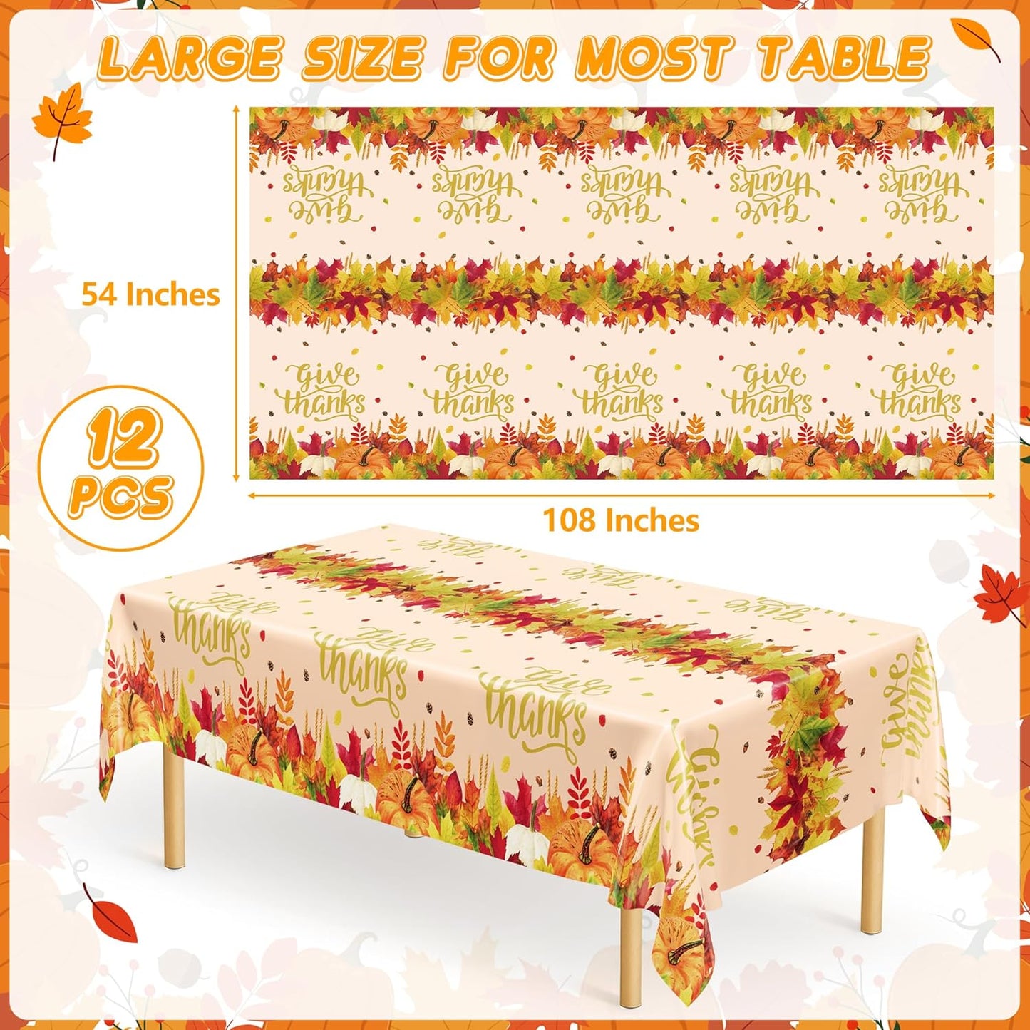 QZYL 12 Pack Thanksgiving Plastic Tablecloths, 54" x 108" Friendsgiving Tablecloth, Maple Leaves Pumpkin Rectangle Table Cloth Disposable Tablecover, Thanksgiving Party Supplies Fall Table Decor