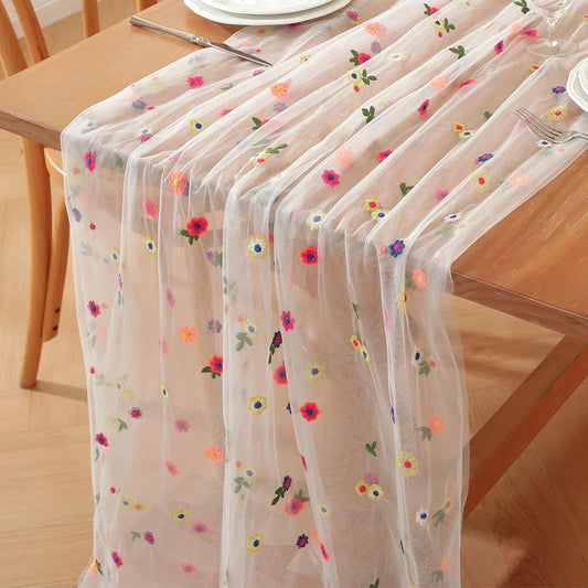 White Embroidery Daisy Fall Table Runner 120Inch 10FT Florals Soft Sheer Tulle Fabric Table Runner for Home Decor, Brithday, Wedding, Baby Shower ,Holiday ,Parties, DIY Craft,3PC