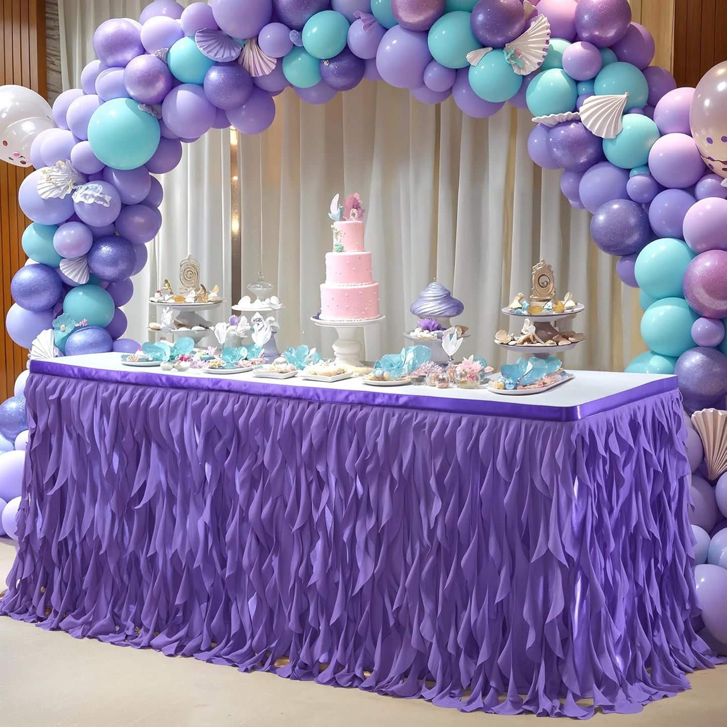 Partisky Mermaid Purple Tulle Curly Willow Table Skirt for Rectangle Table 6ft, Ruffle Tutu Table Cloth for Girls Boys Baby Shower,Mermaid Birthday Party