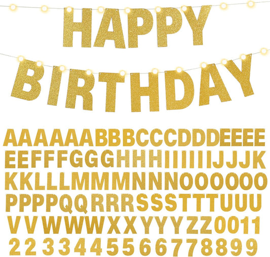 TaoBary 112 Pcs DIY Letter Custom Banner Glitter Customizable Banner Kit Including 107 Letters and Numbers 3 Rope for Valentine Birthday Party(Gold)