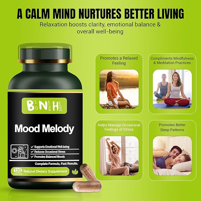 BNH Mood Melody - Balance Hormone Response - Serotonin - Dopamine - Oxidative Stress - Positivity - Relaxation - Encourages Neurotransmitter Production - 15 Clinically Proven Ingredients - 120ct