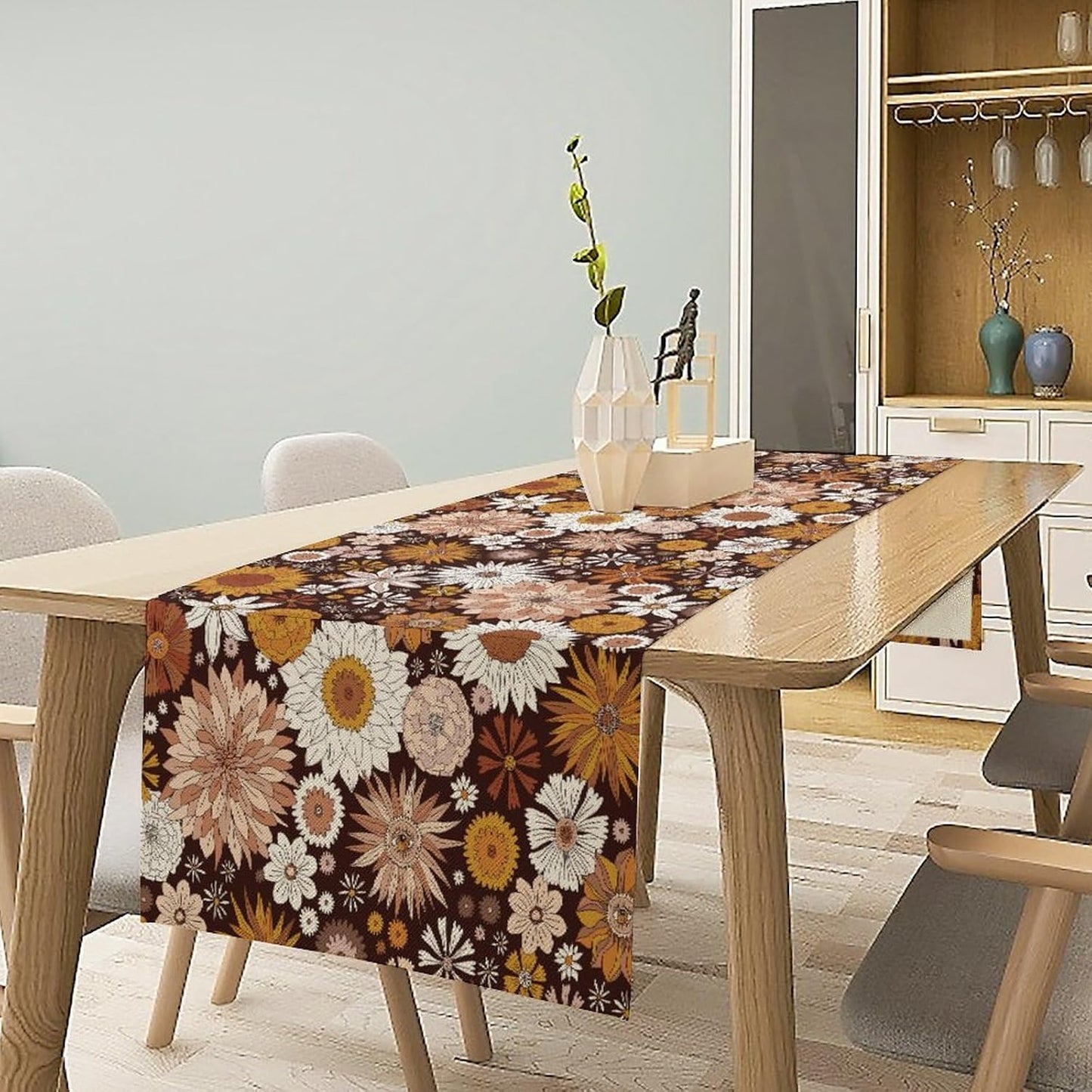 Boho Floral Table Runner, Vintage Country Farmhouse Daisy Flowers Modern Kitchen Dining Room Decoration for Indoor and Outdoor Wedding Party Banquet Table Runner 13x90 Inch