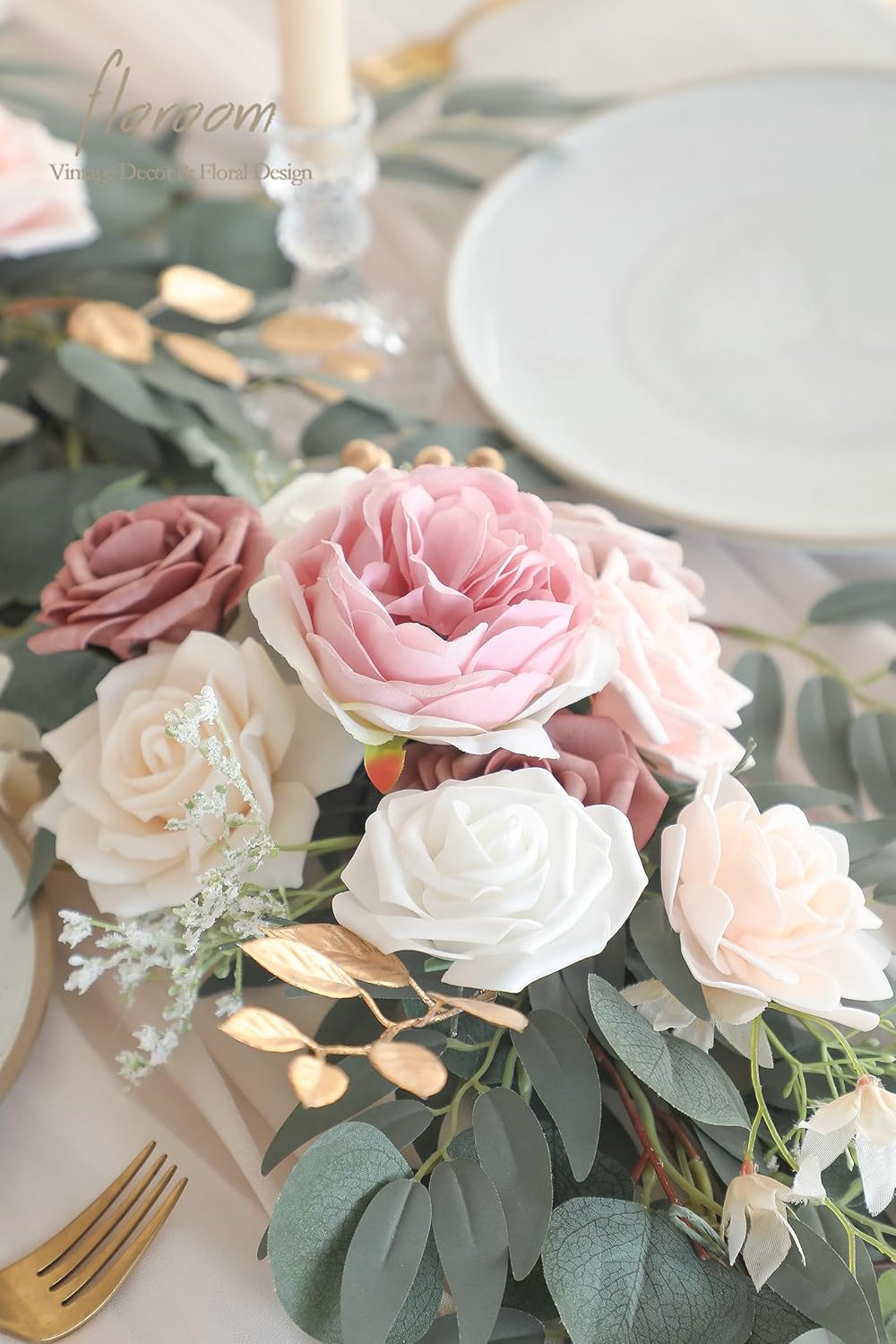Floroom 6ft Artificial Eucalyptus Garland with Flowers Fake Greenery Faux Floral Vine Garland for Table Decor Wedding Centerpieces Bridal Shower Party Decorations, Garden Dusty Rose