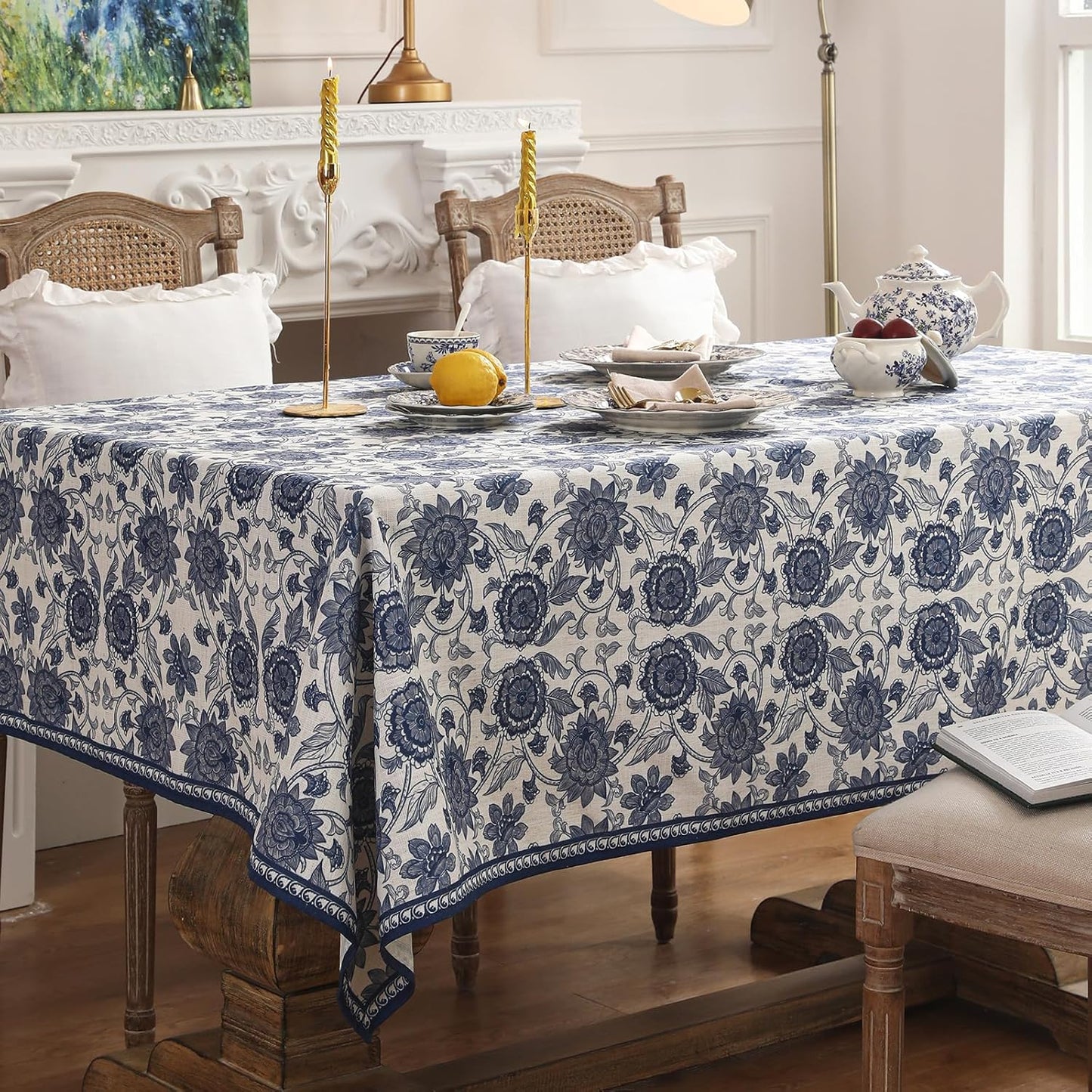patdrea Designer Vintage Blue Rectangle Tablecloth,Linen Anti-Wrinkle Paisley Pattern Farmhouse Extra Long Table Cloth,Decor Cover for Kitchen Dining,Christmas,Thanksgiving,67"x118"-Lantang a